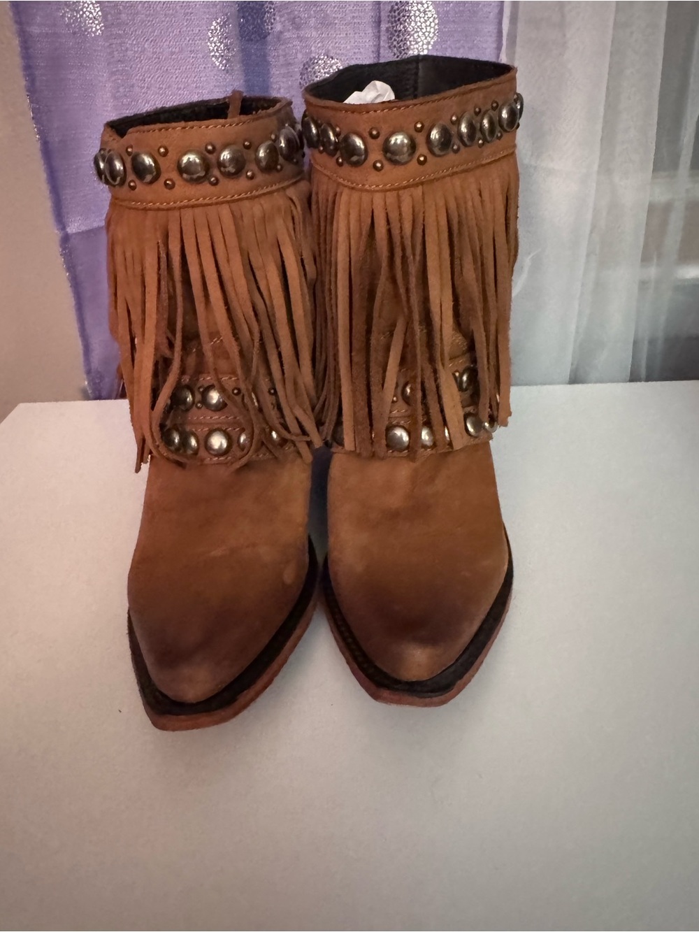 LIBERTY Black Brown Suede Fringe & Stud Ankle Boots